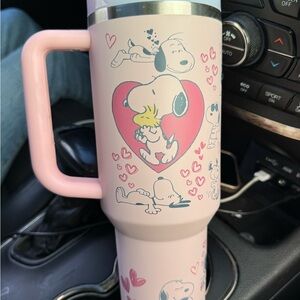 Peanuts Pink Snoopy & Woodstock Heart Travel Mug